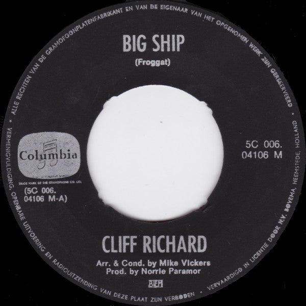 Cliff Richard - Big Ship Vinyl Singles Vinyl Very Good (VG) <br> Hoes Generic