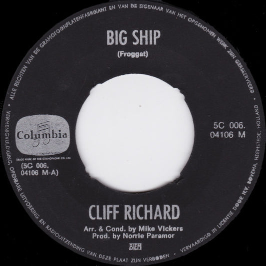 Cliff Richard - Big Ship Vinyl Singles Vinyl Very Good (VG) <br> Hoes Generic