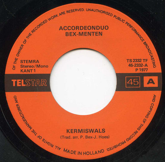 Akkordeon-Duo Bex-Menten - Kermiswals Vinyl Singles Vinyl Zeer Goed / Hoesje Goed "VINYLSINGLES.NL"