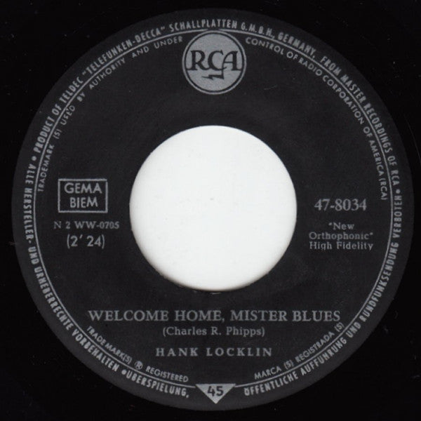 Hank Locklin - Welcome Home, Mister Blues Vinyl Singles Vinyl Very Good (VG) <br> Hoes Generic