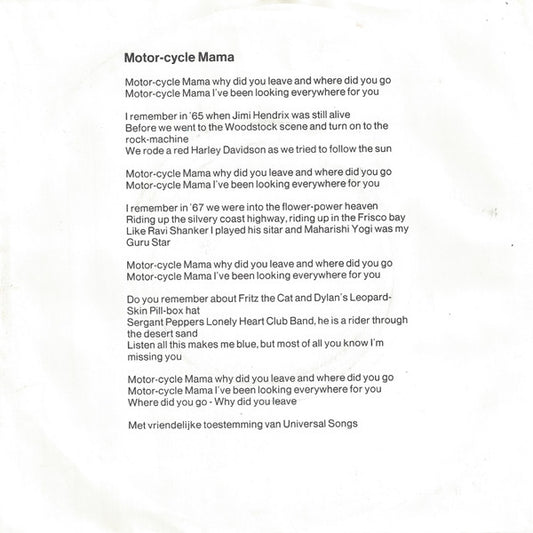 Harpo - Motorcycle Mama Vinyl Singles Vinyl Zeer Goed / Hoesje Goed "VINYLSINGLES.NL"