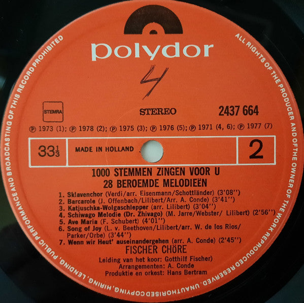 Fischer Chöre - 1000 Stemmen Zingen Voor U 28 Beroemde Melodieën (LP) 43555