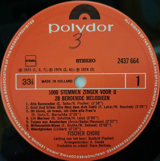 Fischer Chöre - 1000 Stemmen Zingen Voor U 28 Beroemde Melodieën (LP)