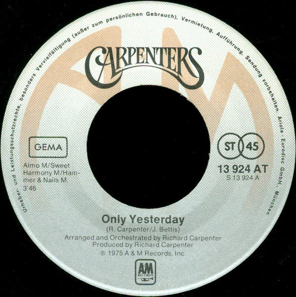Carpenters - Only Yesterday Vinyl Singles Vinyl Very Good (VG) <br> Hoes Generic