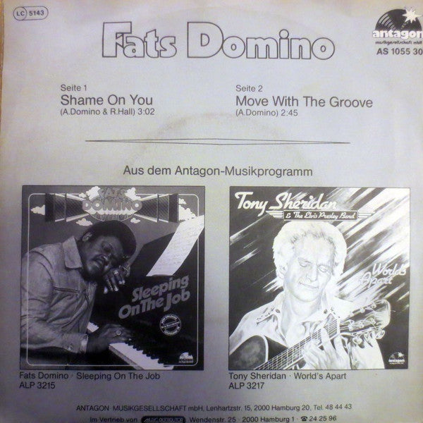 Fats Domino - Shame On You Vinyl Singles Vinyl Very Good (VG) <br> Hoes Good Plus (G+)