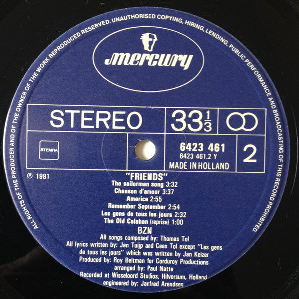 BZN - Friends (LP) Vinyl LP Vinyl Very Good (VG) <br> Hoes Good Plus (G+)