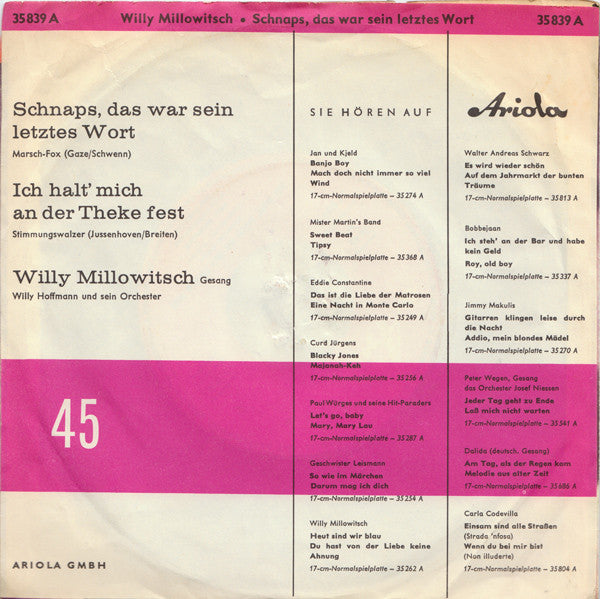 Willy Millowitsch - Schnaps, Das War Sein Letztes Wort Vinyl Singles Goede Staat