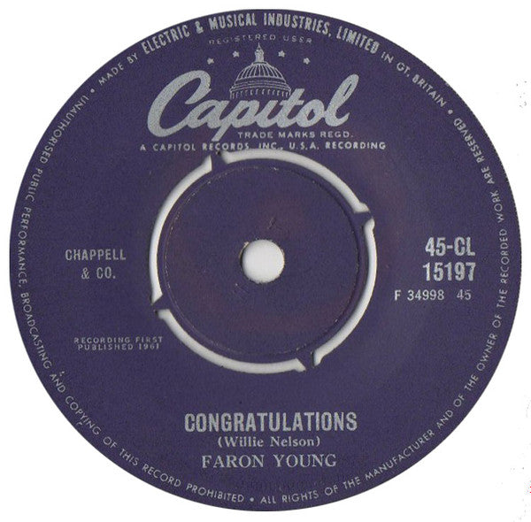 Faron Young - Hello Walls Vinyl Singles Vinyl Very Good (VG) <br> Hoes Generic