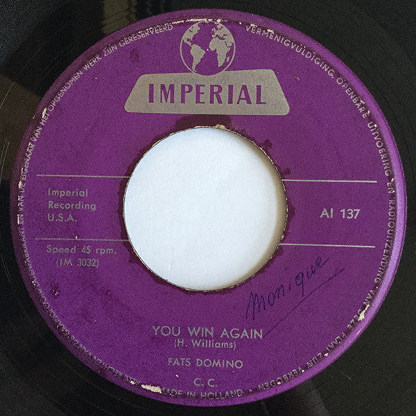 Fats Domino - You Win Again Vinyl Singles Vinyl Very Good (VG) <br> Hoes Generic