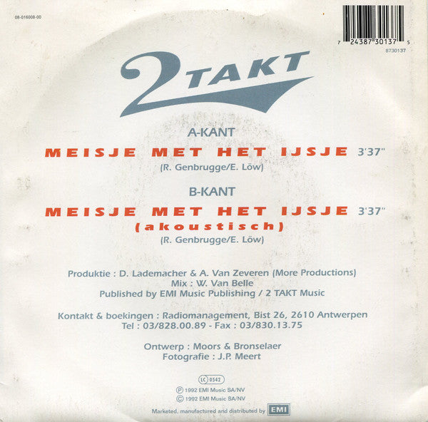 2 Takt - Meisje Met Het IJsje 43210 Vinyl Singles Vinyl Very Good (VG) <br> Hoes Good Plus (G+)