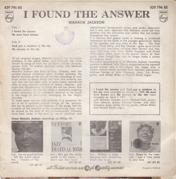 Mahalia Jackson - I Found The Answer (EP) 38037 Vinyl Singles EP Goede Staat