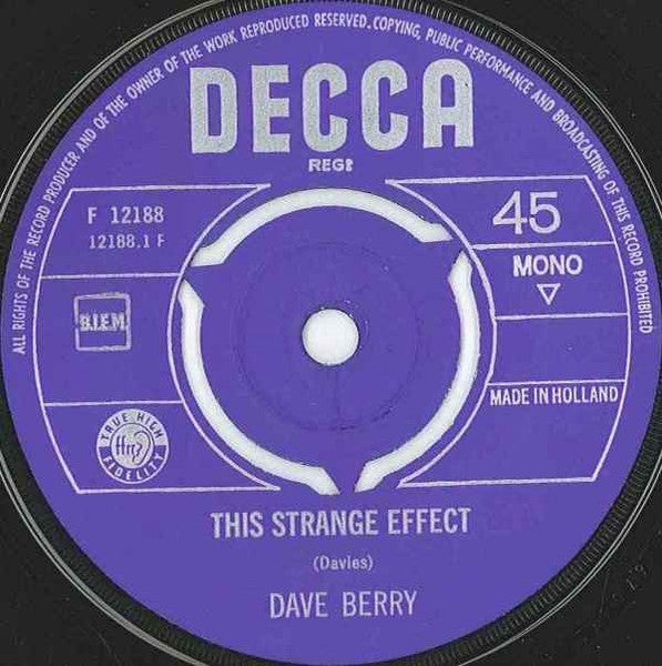 Dave Berry - This Strange Effect Vinyl Singles Vinyl Very Good (VG) <br> Hoes Good Plus (G+)