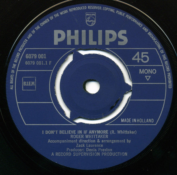 Roger Whittaker - I Don't Believe In If Anymore Vinyl Singles Vinyl Very Good (VG) <br> Hoes Generic