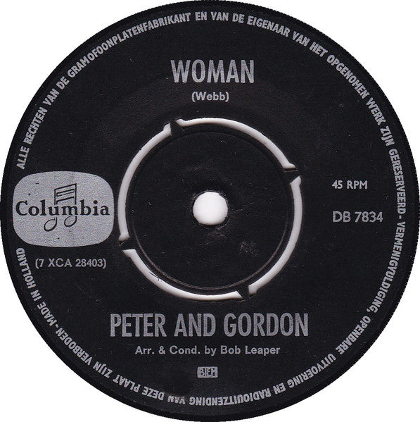 Peter & Gordon - Woman Vinyl Singles Vinyl Very Good (VG) <br> Hoes Generic