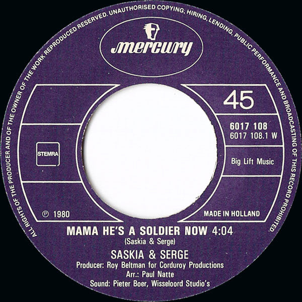 Saskia & Serge - Mama He's A Soldier Now Vinyl Singles Vinyl Very Good (VG) <br> Hoes Generic