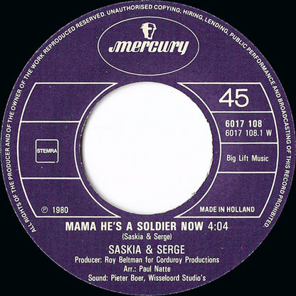 Saskia & Serge - Mama He's A Soldier Now Vinyl Singles Vinyl Very Good (VG) <br> Hoes Generic