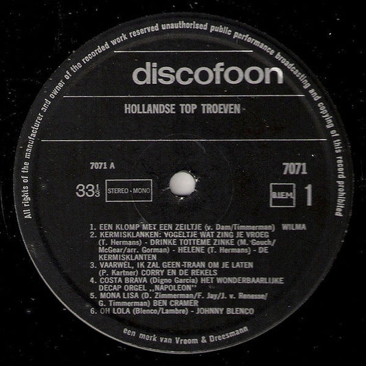 Various - Hollandse Toptroeven (LP) 51241 Vinyl LP Vinyl Zeer Goed / Hoesje Goed "VINYLSINGLES.NL"