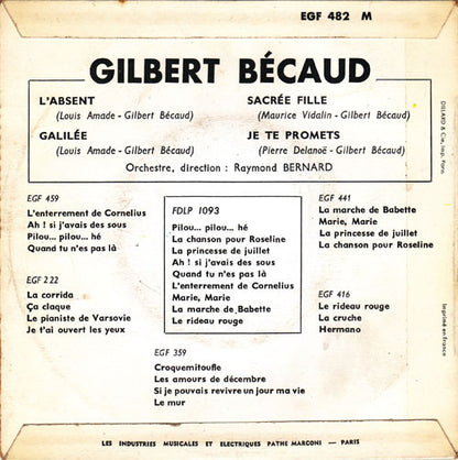 Gilbert Bécaud - L'Absent Vinyl Singles EP Vinyl Very Good (VG) <br> Hoes Good Plus (G+)