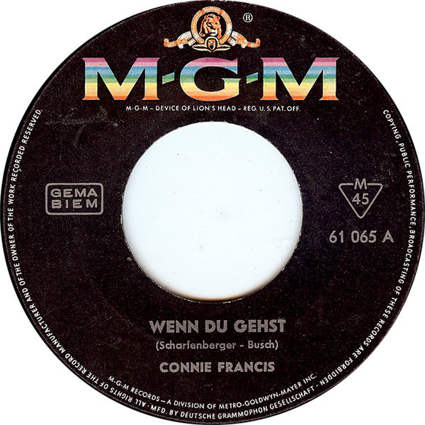 Connie Francis - Wenn Du Gehst Vinyl Singles Vinyl Very Good (VG) <br> Hoes Generic