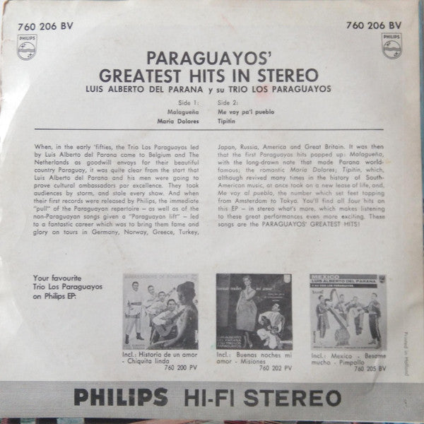 Luis Alberto del Parana y Los Paraguayos - Paraguayos' Greatest Hits In Stereo Vinyl Singles EP Vinyl Very Good (VG) <br> Hoes Good Plus (G+)