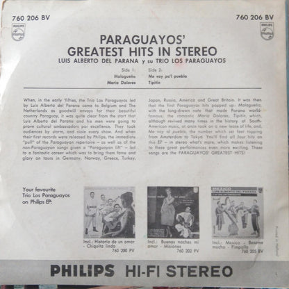 Luis Alberto del Parana y Los Paraguayos - Paraguayos' Greatest Hits In Stereo Vinyl Singles EP Vinyl Very Good (VG) <br> Hoes Good Plus (G+)