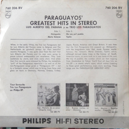 Luis Alberto del Parana y Los Paraguayos - Paraguayos' Greatest Hits In Stereo Vinyl Singles EP Vinyl Zeer Goed / Hoesje Goed "VINYLSINGLES.NL"
