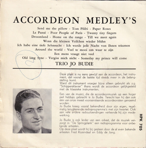 Trio Jo Budie - Accordeon Medley's Vinyl Singles Vinyl Very Good (VG) <br> Hoes Good Plus (G+)