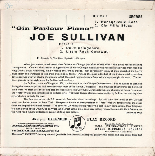 Joe Sullivan - Gin Parlour Piano Vinyl Singles Vinyl Very Good (VG) <br> Hoes Good Plus (G+)