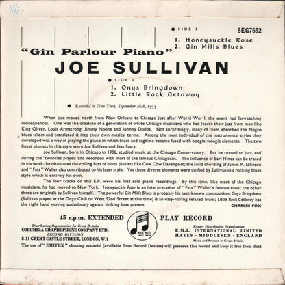 Joe Sullivan - Gin Parlour Piano Vinyl Singles Vinyl Very Good (VG) <br> Hoes Good Plus (G+)
