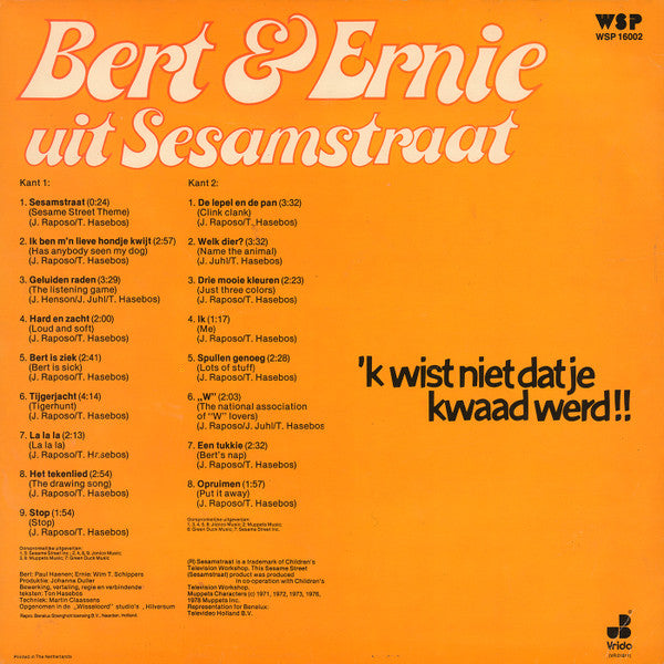 Bert & Ernie Uit Sesamstraat - 'k Wist Niet Dat Je Kwaad Werd!! (LP) Vinyl LP Vinyl Zeer Goed / Hoesje Goed "VINYLSINGLES.NL"