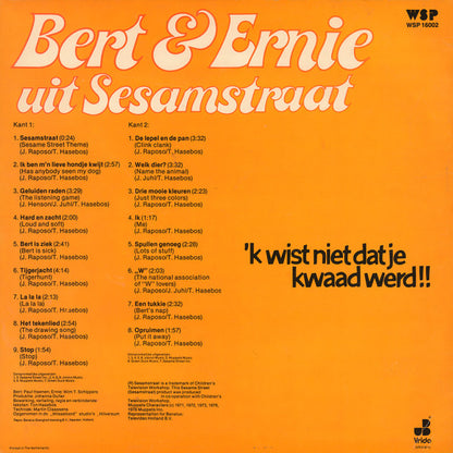 Bert & Ernie Uit Sesamstraat - 'k Wist Niet Dat Je Kwaad Werd!! (LP) Vinyl LP Vinyl Zeer Goed / Hoesje Goed "VINYLSINGLES.NL"