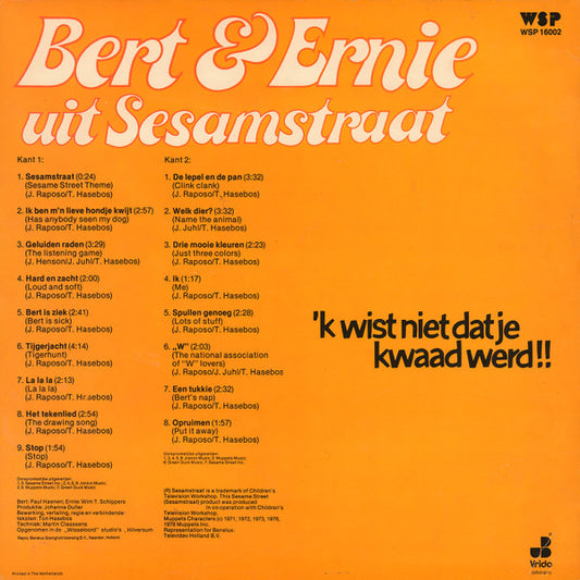Bert & Ernie Uit Sesamstraat - 'k Wist Niet Dat Je Kwaad Werd!! (LP) Vinyl LP Vinyl Zeer Goed / Hoesje Goed "VINYLSINGLES.NL"