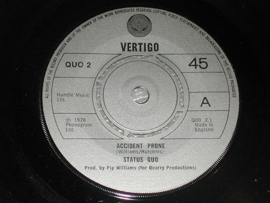 Status Quo - Accident Prone Vinyl Singles Vinyl Very Good (VG) <br> Hoes Generic