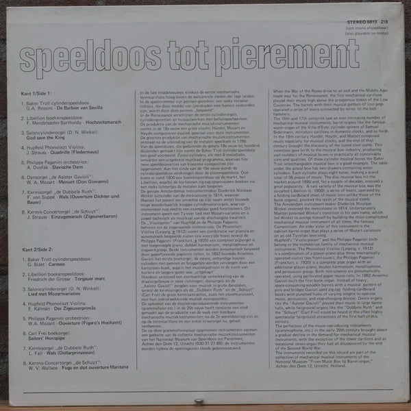 Unknown Artist - Speeldoos Tot Pierement (Klassieke Melodieën) (LP) Vinyl LP Vinyl Very Good (VG) <br> Hoes Good Plus (G+)