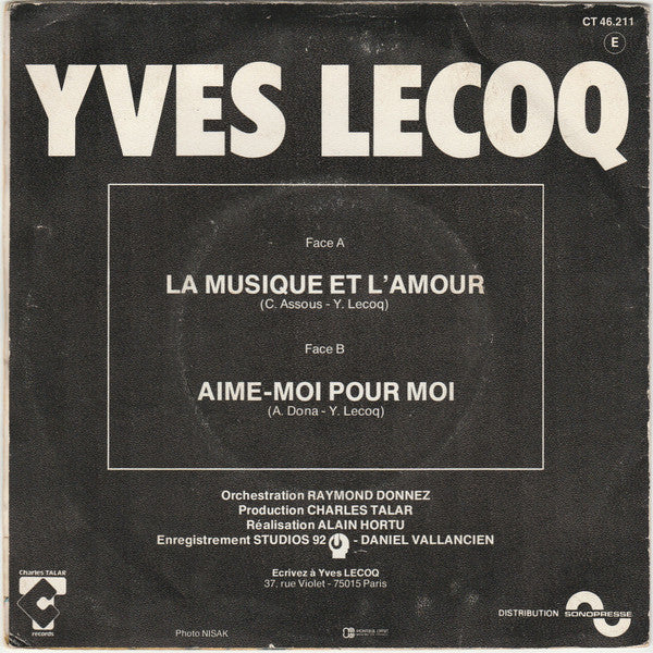 Yves Lecoq - La Musique Et L'amour Vinyl Singles Vinyl Very Good (VG) <br> Hoes Good Plus (G+)