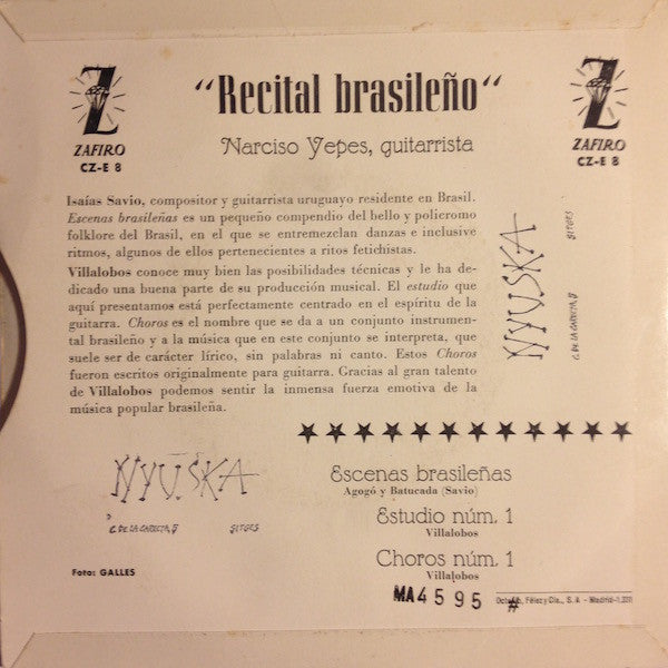 Narciso Yepes - Recital Brasileño Vinyl Singles Vinyl Very Good (VG) <br> Hoes Good Plus (G+)
