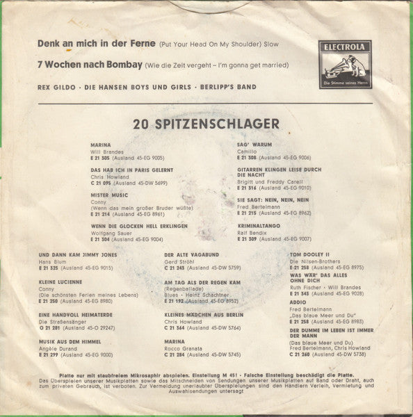 Rex Gildo - Denk An Mich In Der Ferne Vinyl Singles Vinyl Very Good (VG) <br> Hoes Good Plus (G+)