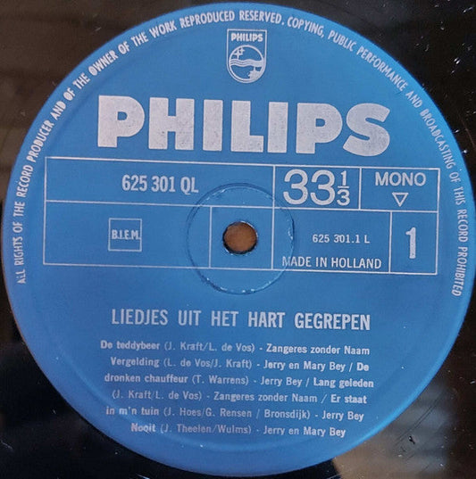 Zangeres Zonder Naam en Jerry En Mary Bey - Liedjes Uit Het Hart Gegrepen (LP) Vinyl LP Vinyl Zeer Goed / Hoesje Goed "VINYLSINGLES.NL"