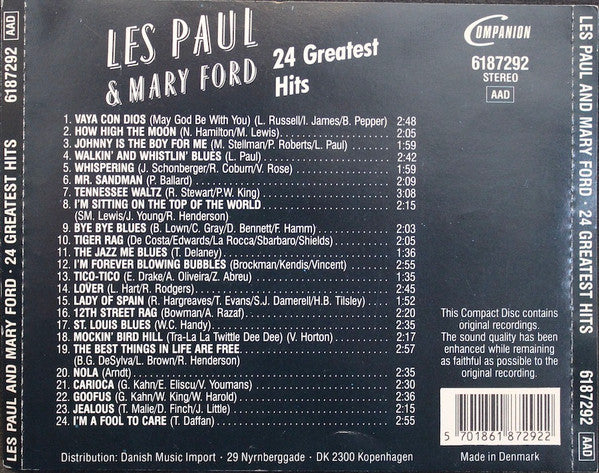 Les Paul & Mary Ford - 24 Greatest Hits (CD) Compact Disc Goede Staat