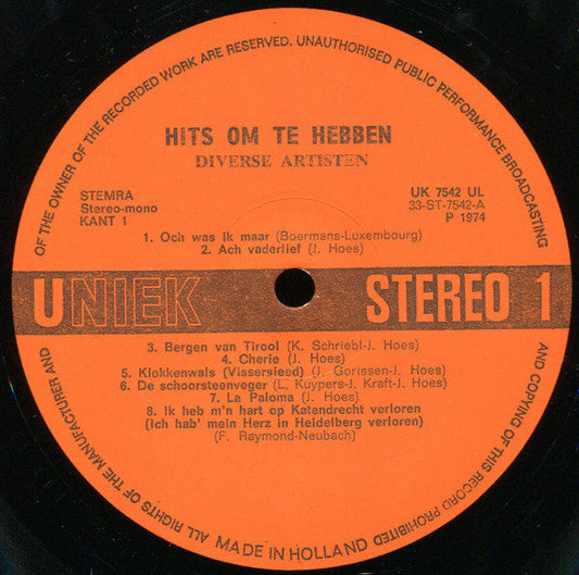 Various - Hits Om Te Hebben! (LP) Vinyl LP Vinyl Zeer Goed / Hoesje Goed "VINYLSINGLES.NL"