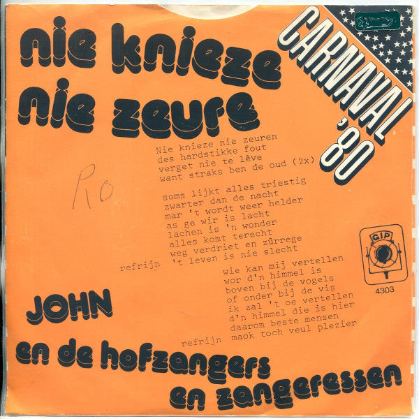 John en de Hofzangers en Zangeressen / Johnny Boys - Nie Knieze, Nie Zeure / De Souza 35180 18229 Vinyl Singles VINYLSINGLES.NL