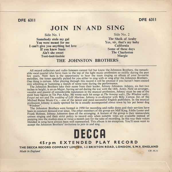 Johnston Brothers - Join In And Sing Vinyl Singles EP Vinyl Very Good (VG) <br> Hoes Good Plus (G+)