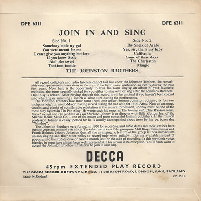 Johnston Brothers - Join In And Sing Vinyl Singles EP Vinyl Very Good (VG) <br> Hoes Good Plus (G+)