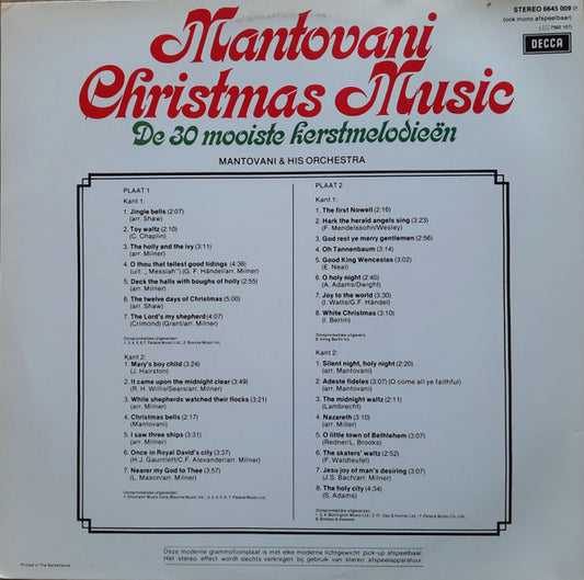 Mantovani – Christmas Music - De 30 Mooiste Kerstmelodieën (LP) Vinyl LP Dubbel Vinyl Zeer Goed / Hoesje Goed "VINYLSINGLES.NL"