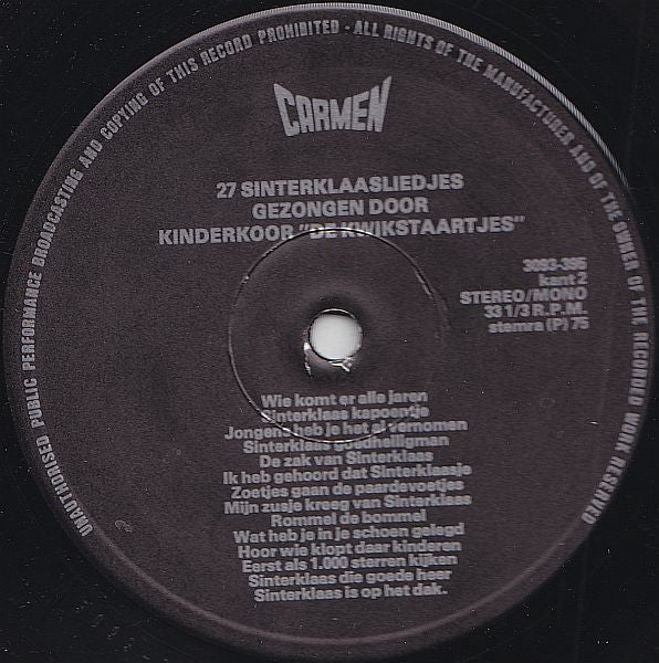 Kinderkoor De Kwikstaartjes - 27 Sinterklaasliedjes (LP) (B) 48246 Vinyl LP Redelijke Staat