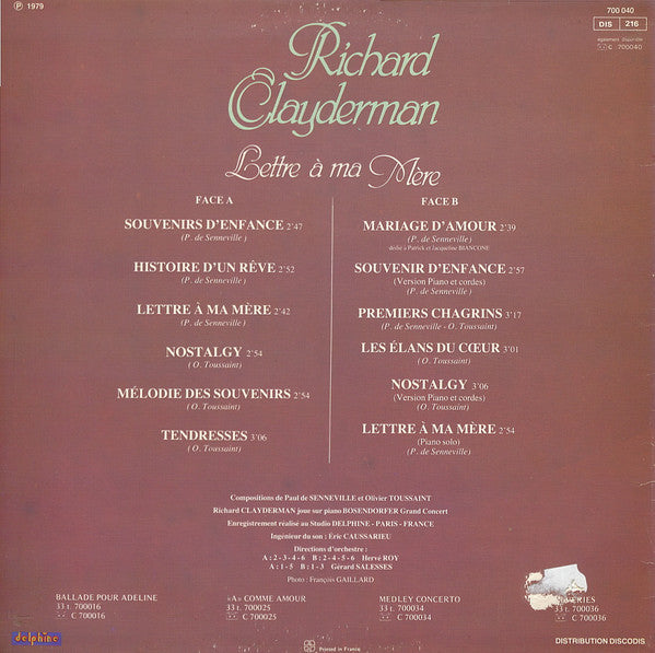 Richard Clayderman - Lettre A Me Mere (LP) 45076 50240 Vinyl LP VINYLSINGLES.NL