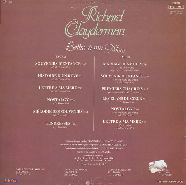 Richard Clayderman - Lettre A Me Mere (LP) 45076 Vinyl LP Goede Staat