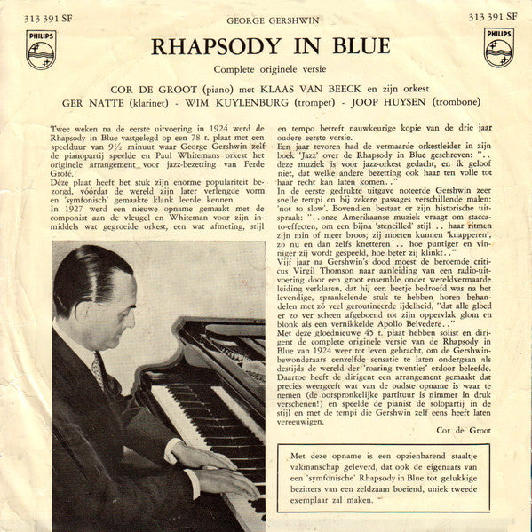 Cor de Groot, Klaas Van Beeck And His Orchestra - Rhapsody In Blue Vinyl Singles Vinyl Very Good (VG) <br> Hoes Good Plus (G+)