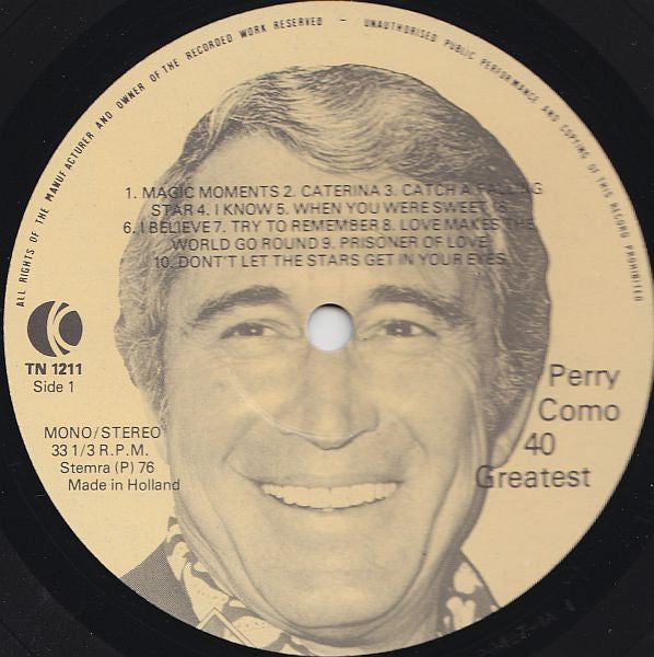 Perry Como - 40 Greatest (LP) Vinyl LP Dubbel Vinyl Very Good (VG) <br> Hoes Good Plus (G+)