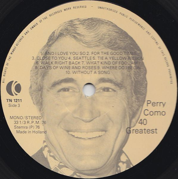 Perry Como - 40 Greatest (LP) Vinyl LP Dubbel Vinyl Very Good (VG) <br> Hoes Good Plus (G+)